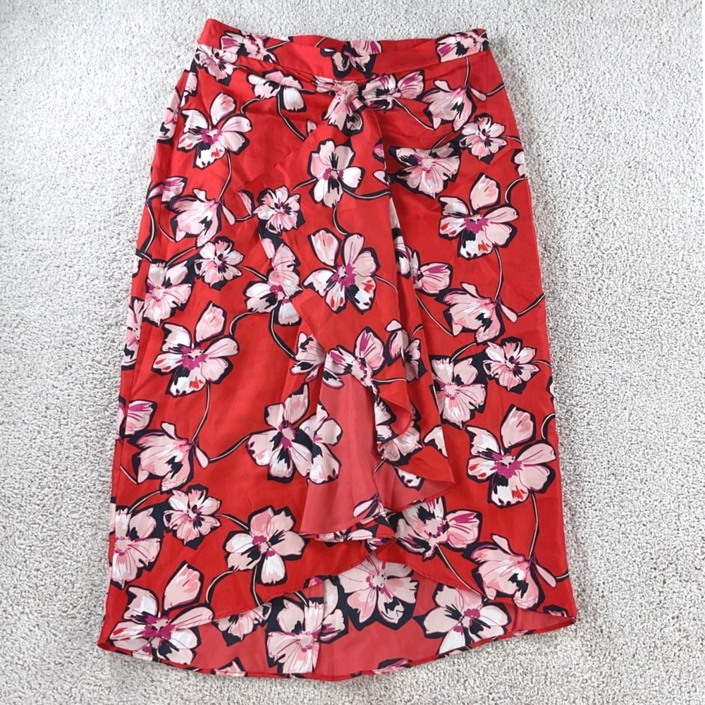 Lewit Women's Red Floral 100% Silk Ruffle Wrap High-Low‎ Midi Skirt Size 14